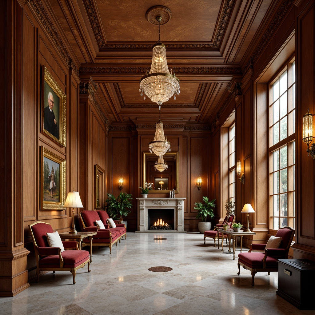 Prompt: Elegant neoclassical interior, ornate moldings, rich wood tones, luxurious fabrics, velvet upholstery, carved wooden furniture, gilded accents, crystal chandeliers, marble floors, high ceilings, symmetrical compositions, soft warm lighting, subtle color palette, 1/1 composition, shallow depth of field, realistic textures.