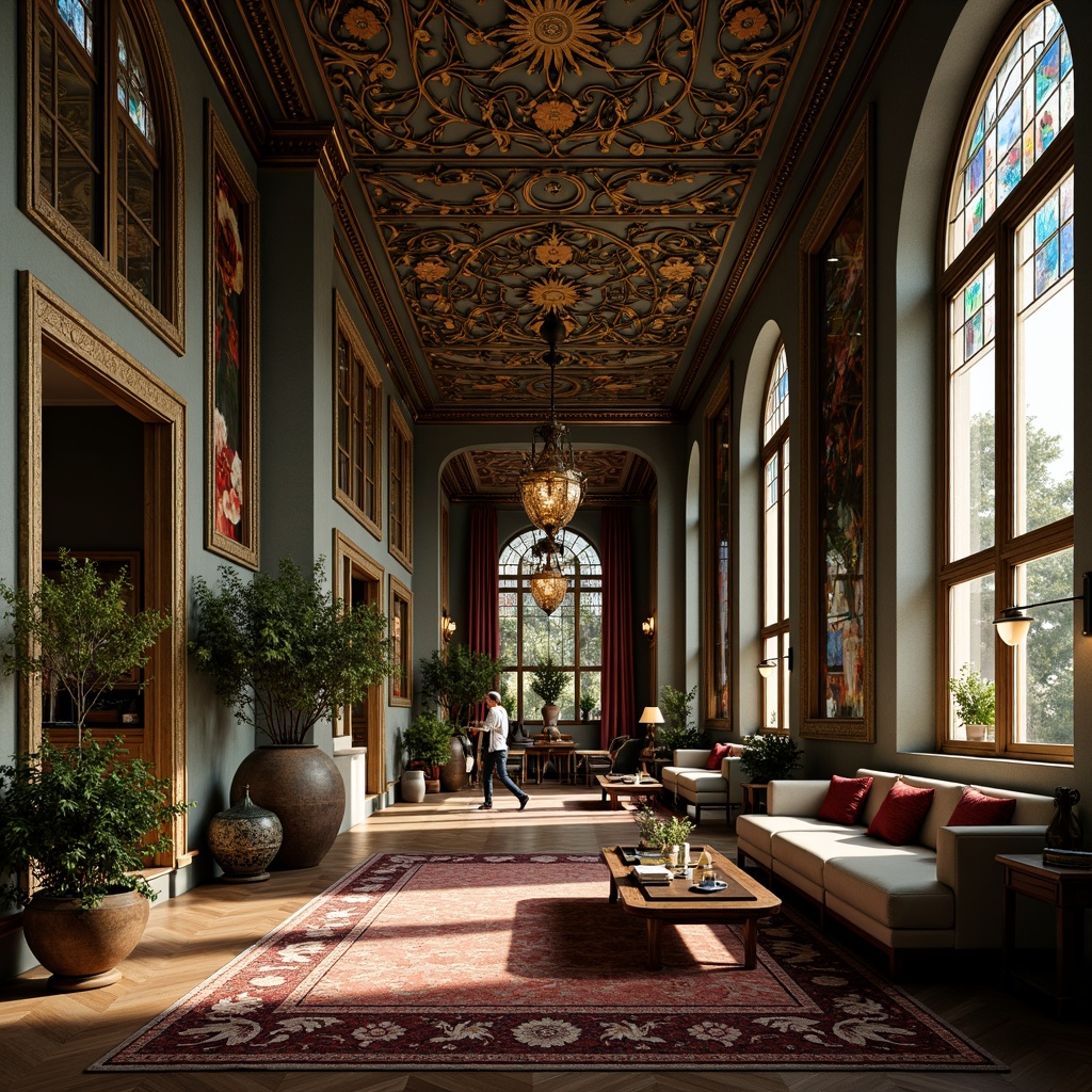 Prompt: Intricate botanical patterns, flowing organic shapes, sinuous curves, luxurious materials, ornate metalwork, stained glass windows, grand entranceways, opulent furnishings, velvet drapes, golden accents, soft warm lighting, shallow depth of field, 1/1 composition, close-up shot, realistic textures, ambient occlusion.