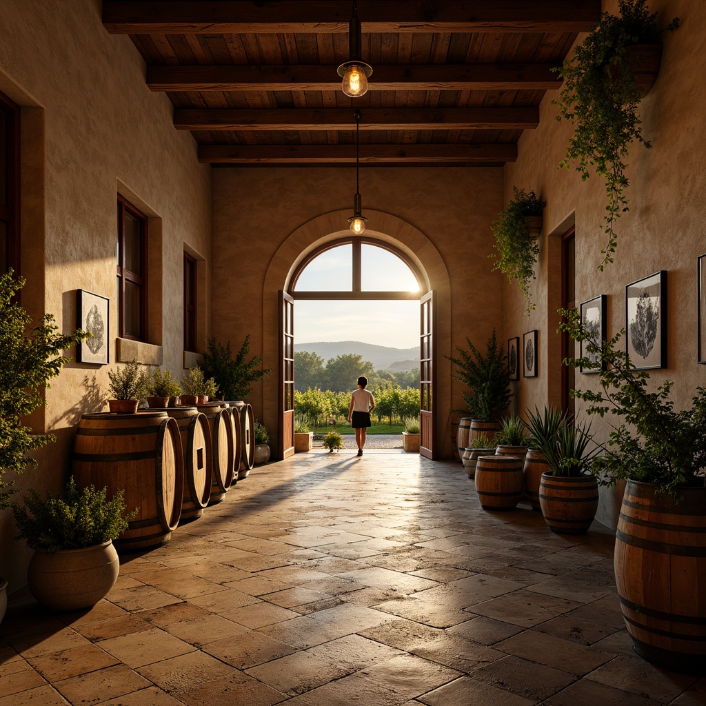 Prompt: Rustic winery, earthy tones, warm beige walls, rich wood accents, vintage barrels, dimly lit cellar, soft golden lighting, warm crimson reds, deep plum hues, muted sienna browns, weathered stone floors, distressed wooden crates, ornate metalwork, lush green vineyards, sunny afternoon, dramatic shadows, high contrast, 1/2 composition, cinematic atmosphere, realistic textures, ambient occlusion.