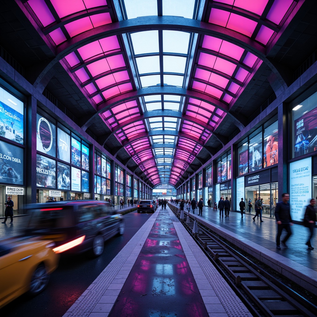 Prompt: Vibrant metro station, modern architecture, sleek metal beams, glass ceilings, bright color accents, neon lights, futuristic atmosphere, urban landscape, city sounds, morning commute, rush hour crowds, abstract geometric patterns, LED displays, dynamic lighting effects, 3/4 composition, shallow depth of field, realistic textures, ambient occlusion.