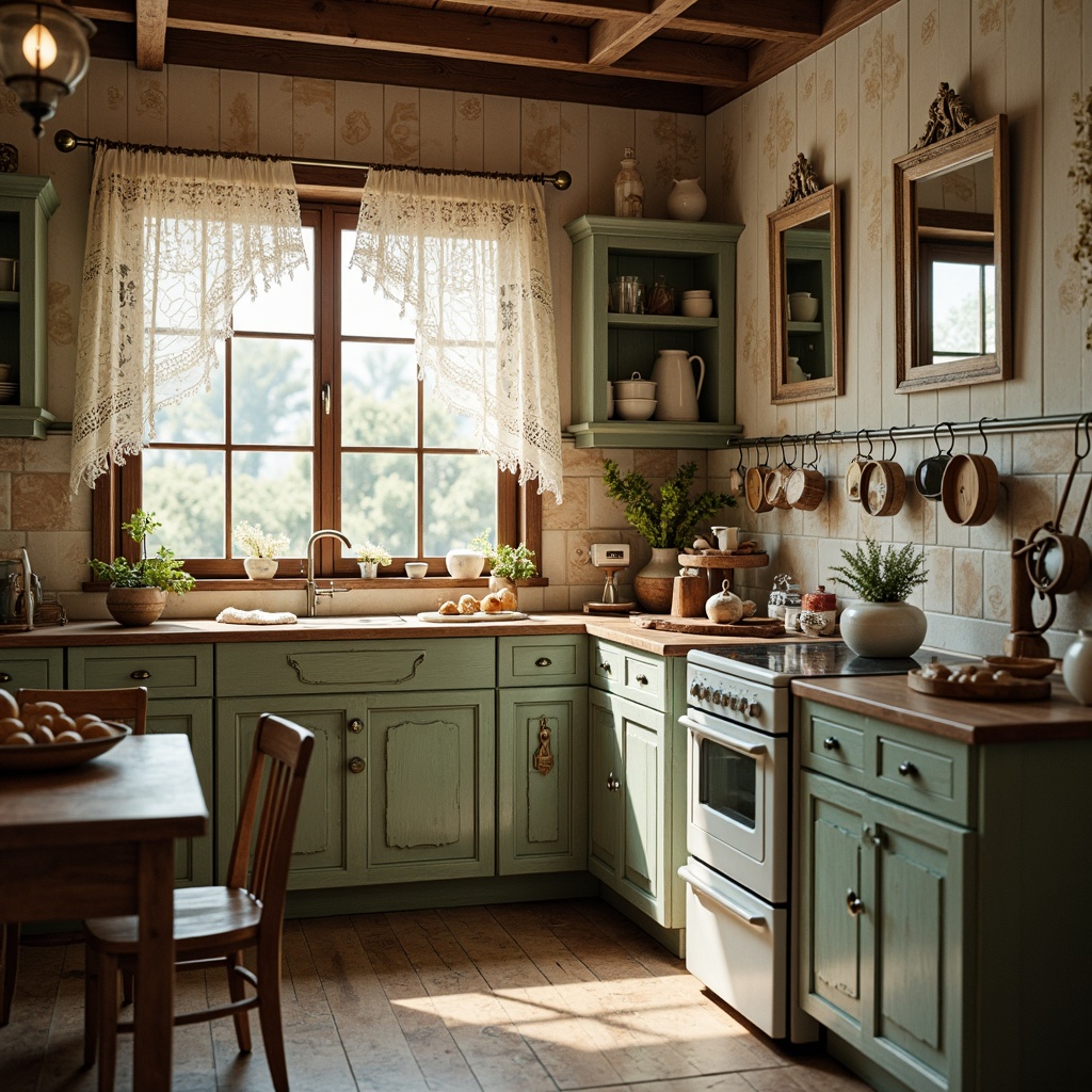 Prompt: Distressed wood cabinets, vintage metal appliances, soft pastel colors, lace curtains, floral patterns, distressed finishes, antique hardware, ornate mirrors, rustic wooden floors, natural stone walls, cozy warm lighting, shallow depth of field, 3/4 composition, panoramic view, realistic textures, ambient occlusion.