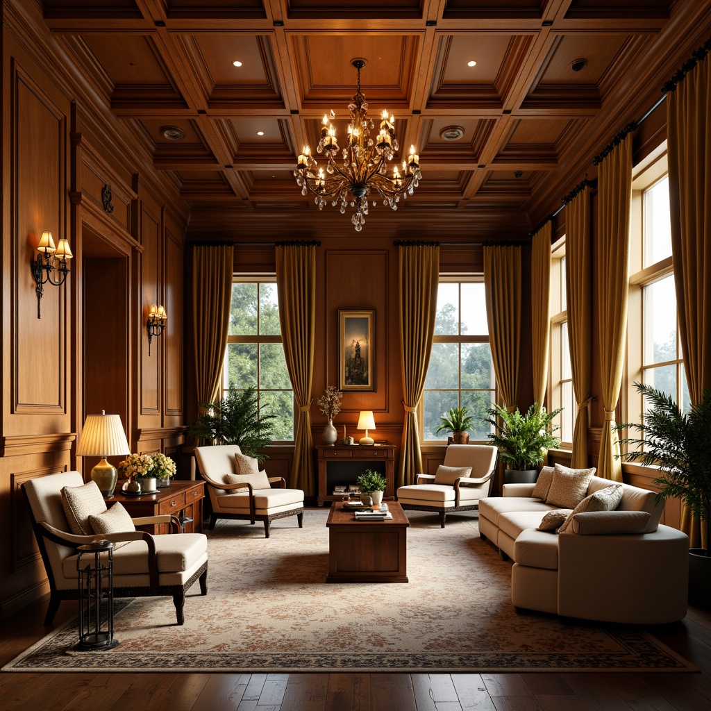 Prompt: Warm traditional interior, rich wood paneling, ornate furnishings, elegant chandeliers, soft warm lighting, table lamps, floor lamps, wall sconces, crystal fixtures, golden accents, luxurious fabrics, velvet drapes, carved wooden furniture, intricate patterns, high ceilings, large windows, natural daylight, cozy reading nooks, relaxing ambiance, warm beige colors, creamy whites, soft yellows, traditional architecture, rustic charm, inviting atmosphere, dramatic shadows, subtle glow.