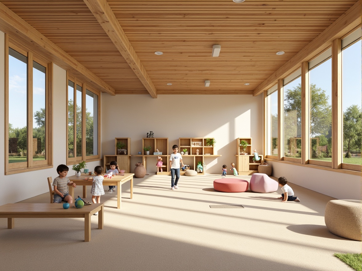 Prompt: Minimalist kindergarten playground, open spaces, natural wood accents, soft pastel colors, modern Scandinavian furniture, ergonomic play equipment, interactive learning stations, collaborative activity zones, transparent glass partitions, minimalist lighting fixtures, warm beige flooring, abundant natural light, shallow depth of field, 1/1 composition, realistic textures, ambient occlusion.