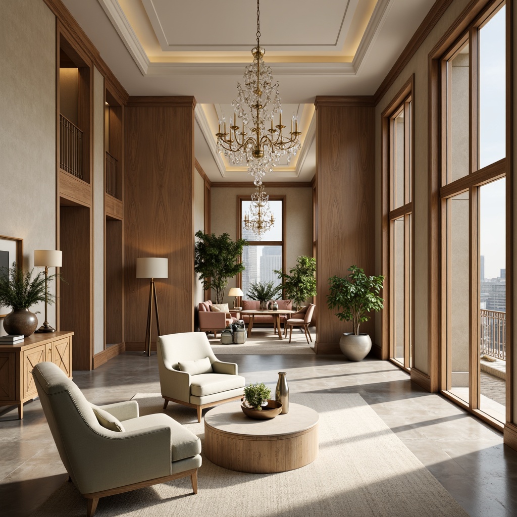 Prompt: Luxurious interior space, refined furnishings, soft velvet textures, rich wood accents, metallic gold hardware, subtle cream tones, muted sage greens, dusty rose hues, warm beige backgrounds, elegant marble patterns, ornate crystal chandeliers, sophisticated floor lamps, natural light pouring in, airy atmosphere, 1/1 composition, high-end realistic renderings.