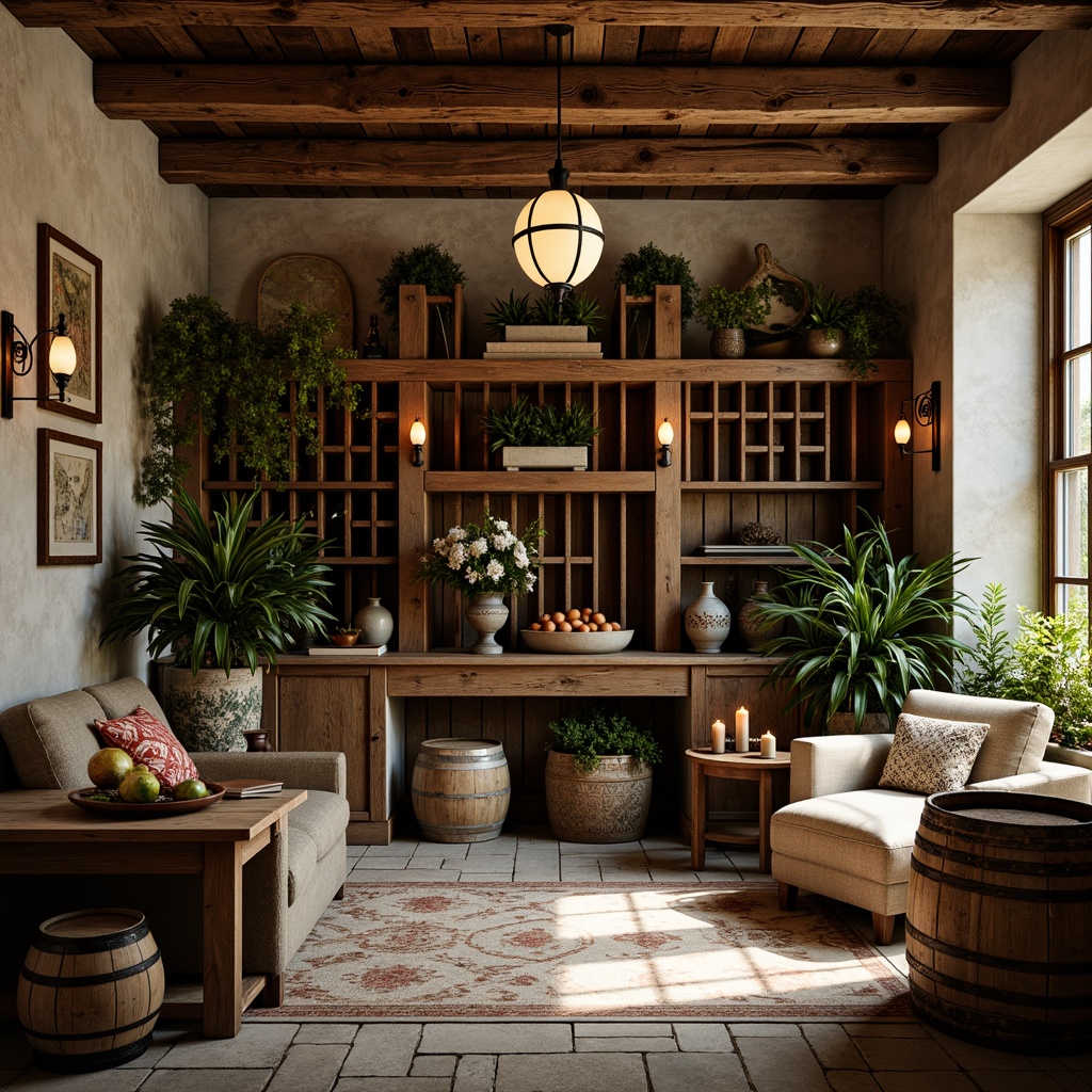 Prompt: Rustic wine cellar, distressed wood shelving, ornate metal brackets, vintage-inspired wine racks, soft warm lighting, earthy tone walls, stone flooring, wooden barrel tables, lush greenery, floral patterns, lace textiles, antique furniture pieces, decorative trunks, old world maps, candlelight ambiance, dimmable lighting, 1/1 composition, realistic wood textures, ambient occlusion.