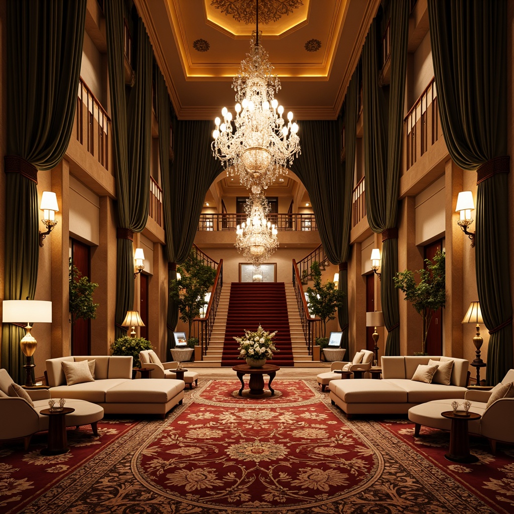 Prompt: Opulent lobby, intricately patterned rugs, lavish chandeliers, warm golden lighting, ornate furnishings, rich wood accents, velvety drapes, luxurious seating areas, grand staircases, elegant archways, ambient candlelight, soft warm glow, crystal fixtures, metallic accents, sophisticated color palette, refined textures, 1/1 composition, intimate atmosphere, subtle shadows, realistic reflections.