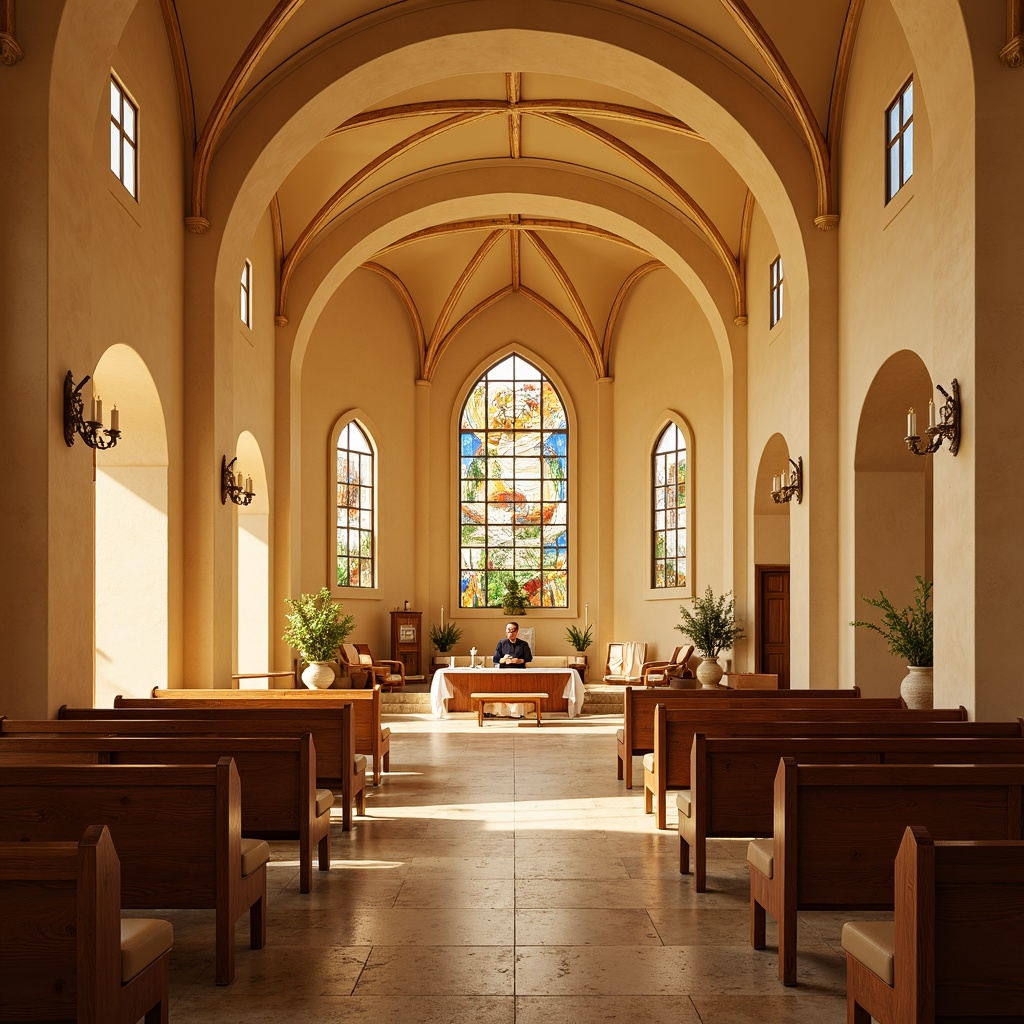 Prompt: Warm beige walls, soft golden lighting, rich wood accents, elegant stone floors, stained glass windows, vibrant holy colors, serene atmosphere, tranquil ambiance, natural textures, earthy tones, subtle patterns, minimalist decor, spiritual symbols, inspirational quotes, gentle arches, soft curves, harmonious color scheme, balanced composition, 1/2 symmetry, warm beige pews, comfortable seating, elegant chandeliers, soft candlelight, peaceful surroundings.