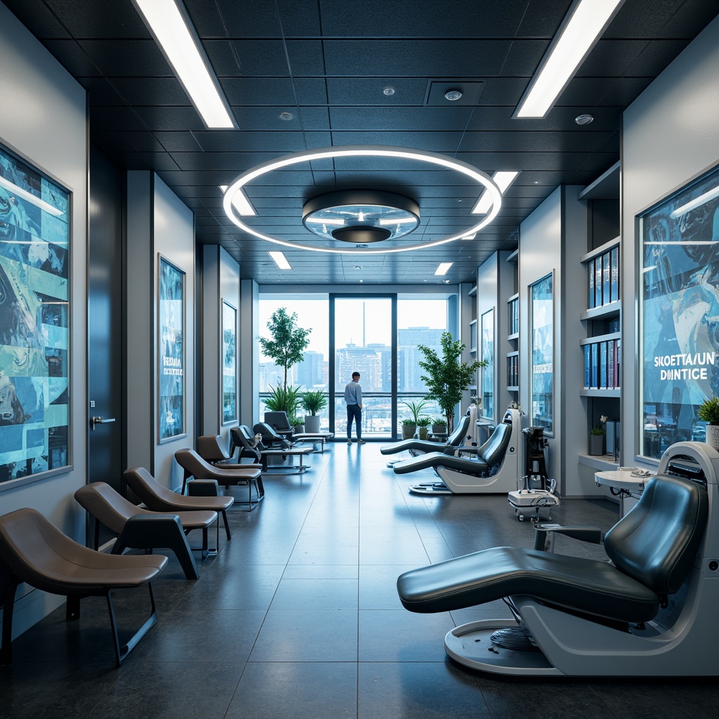 Prompt: Futuristic dental clinic, sleek metallic surfaces, neon-lit corridors, minimalist waiting areas, ergonomic chairs, holographic displays, virtual reality relaxation zones, automatic sliding doors, rounded glass partitions, LED light installations, high-tech medical equipment, futuristic dentist chairs, circular reception desks, ambient occlusion, 3/4 composition, shallow depth of field, panoramic view, realistic textures, soft warm lighting.