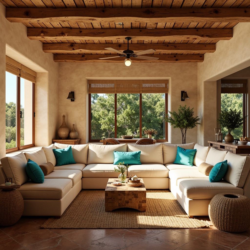 Prompt: Cozy Mediterranean family room, warm beige stucco walls, rustic stone accents, distressed wood beams, creamy white plaster ceilings, earthy terracotta floors, soft golden lighting, plush sectional sofas, vibrant turquoise throw pillows, natural woven textiles, woven rattan furniture, potted olive trees, sun-kissed windows, 1/2 composition, warm shallow depth of field.