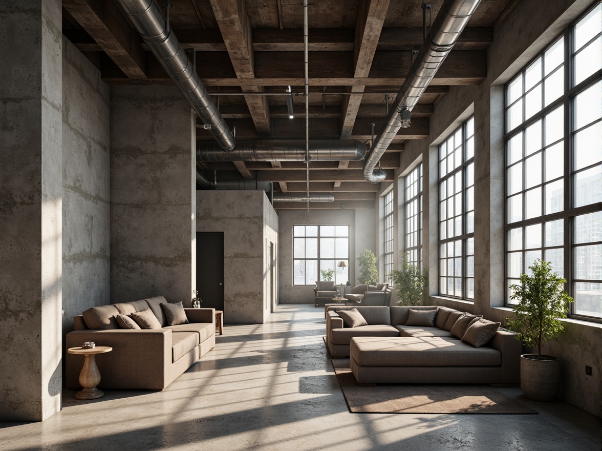 Prompt: Exposed concrete walls, industrial chic aesthetic, minimalist decor, urban loft atmosphere, high ceilings, metal beams, reclaimed wood accents, functional pipes, mechanical systems, brutalist architecture, raw finishes, natural light pouring, dramatic shadows, 3/4 composition, wide-angle lens, low-key lighting, gritty textures, atmospheric mist.