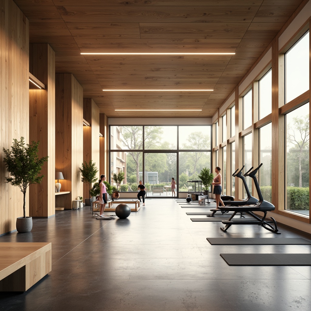 Prompt: Minimalist Scandinavian fitness studio, light wood tones, neutral color palette, floor-to-ceiling windows, natural daylight, soft warm lighting, pendant lamps, LED strip lights, mirrored walls, polished concrete floors, modern gym equipment, free weights, cardio machines, yoga mats, calm atmosphere, morning sunlight, shallow depth of field, 1/1 composition, realistic textures, ambient occlusion.