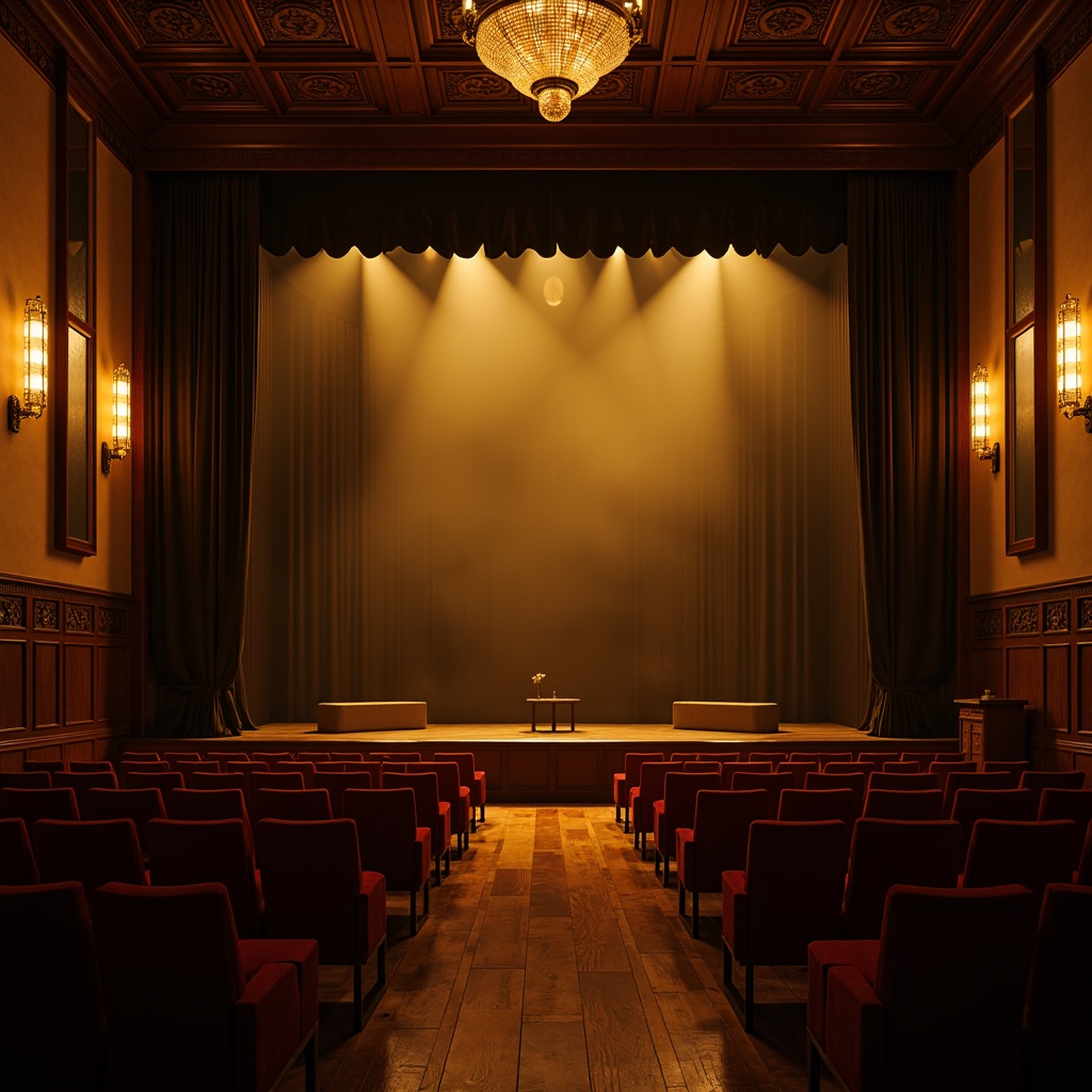 Prompt: Intimate theater setting, warm golden lighting, soft spotlights, subtle color temperatures, dramatic shadows, velvety black drapes, ornate chandeliers, polished wooden floors, plush red seats, grand stage curtains, minimalist proscenium arch, warm white footlights, delicate sidelights, atmospheric fog effects, 1/2 composition, low-key lighting, cinematic mood, realistic textures, ambient occlusion.