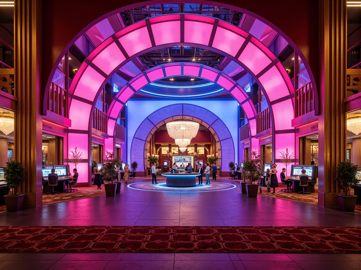 Prompt: Neon-lit casino entrance, bold geometric shapes, vibrant pink and blue hues, flashy LED lights, metallic surfaces, retro-futuristic architecture, ornate decorations, lavish furnishings, opulent chandeliers, rich wood accents, velvety carpets, glamorous VIP areas, high-stakes gaming tables, bustling atmosphere, warm golden lighting, shallow depth of field, 1/1 composition, cinematic mood, realistic textures, ambient occlusion.