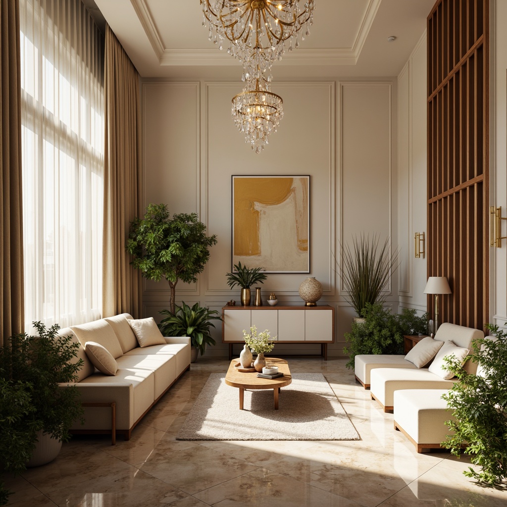 Prompt: Luxurious velvet drapes, soft cream-colored walls, rich wood accents, ornate golden fixtures, sophisticated abstract art, warm beige marble floors, lavish greenery, subtle crystal chandeliers, plush area rugs, muted earthy tones, natural light pouring in, shallow depth of field, 1/2 composition, realistic textures, ambient occlusion.