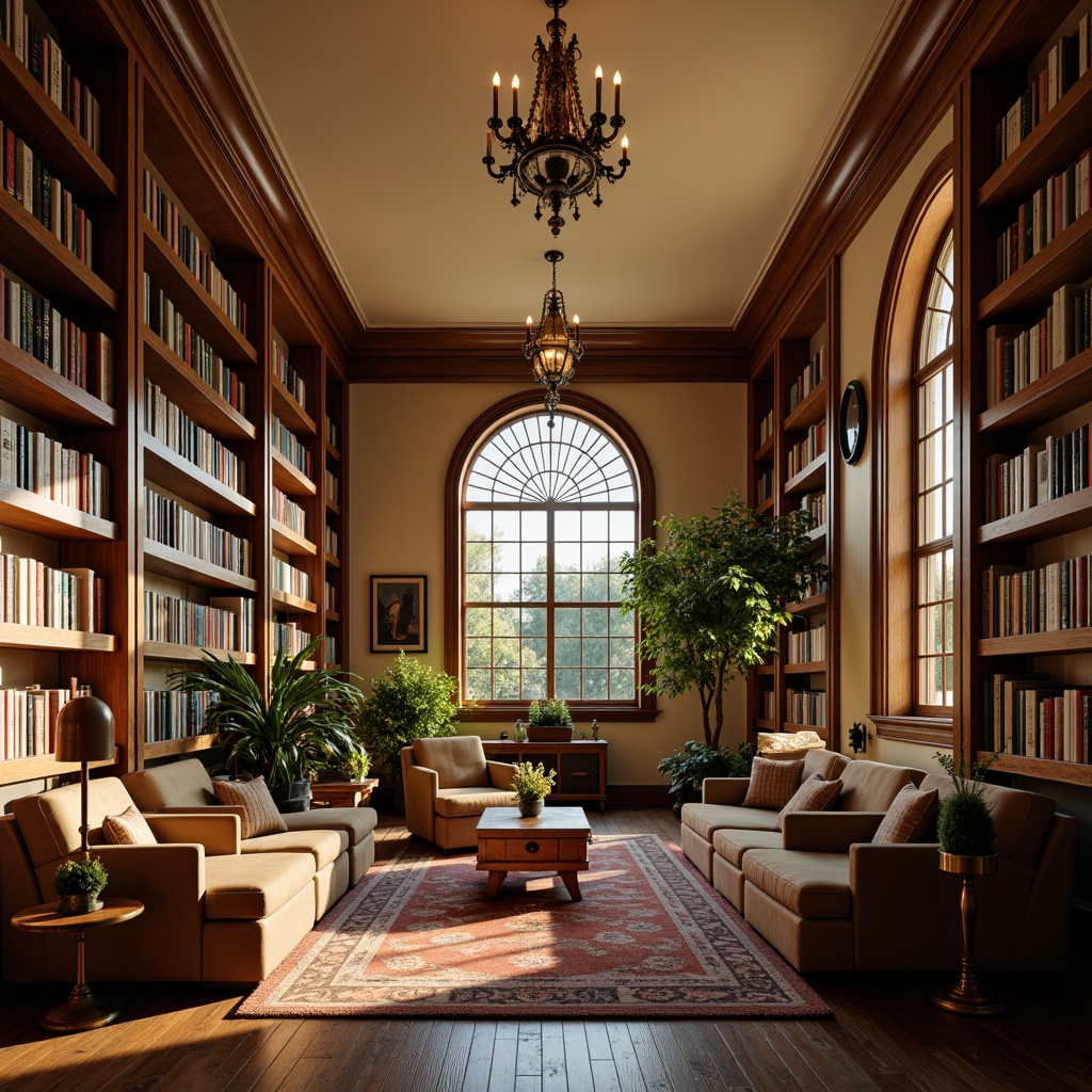 Prompt: Cozy library interior, traditional wooden shelves, warm beige walls, soft cream-colored ceilings, ornate chandeliers, table lamps with green glass shades, floor lamps with bronze finishes, warm white lighting, subtle ambient glow, comfortable reading nooks, plush armchairs, rich wood accents, leather-bound books, classic bookcases, elegant archways, tranquil atmosphere, afternoon sunlight filtering through stained glass windows, shallow depth of field, 1/2 composition, realistic textures, ambient occlusion.