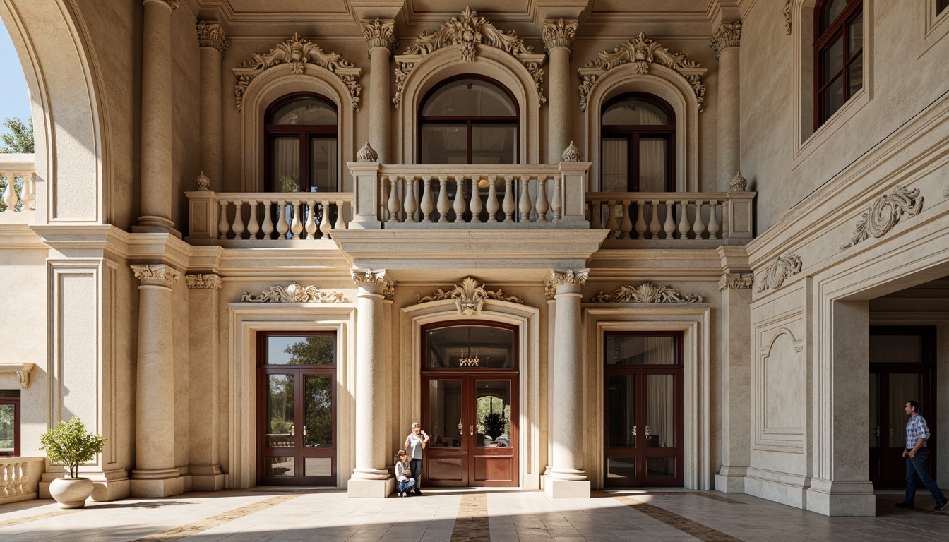 Prompt: Intricate ornate moldings, classical columns, ornamental architraves, symmetrical fa\u00e7ades, grandiose entranceways, elegant balconies, refined stucco surfaces, subtle color palette, soft warm lighting, shallow depth of field, 3/4 composition, realistic textures, ambient occlusion.