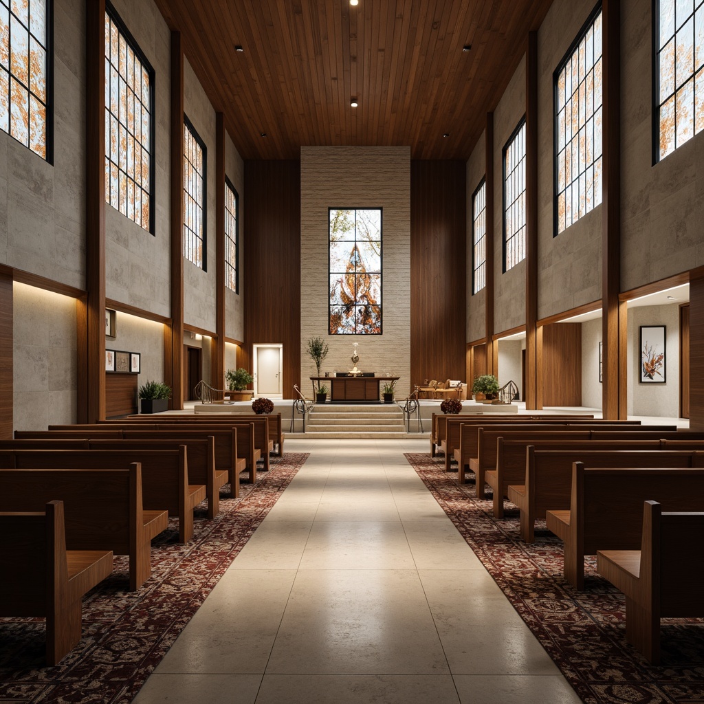 Prompt: Modern church interior, sleek wooden pews, minimalist altar, stained glass windows, subtle lighting effects, textured stone walls, geometric patterned rugs, polished metal accents, abstract spiritual artwork, neutral color palette, ambient LED lighting, shallow depth of field, 1/1 composition, symmetrical view, realistic reflections, intricate architectural details.