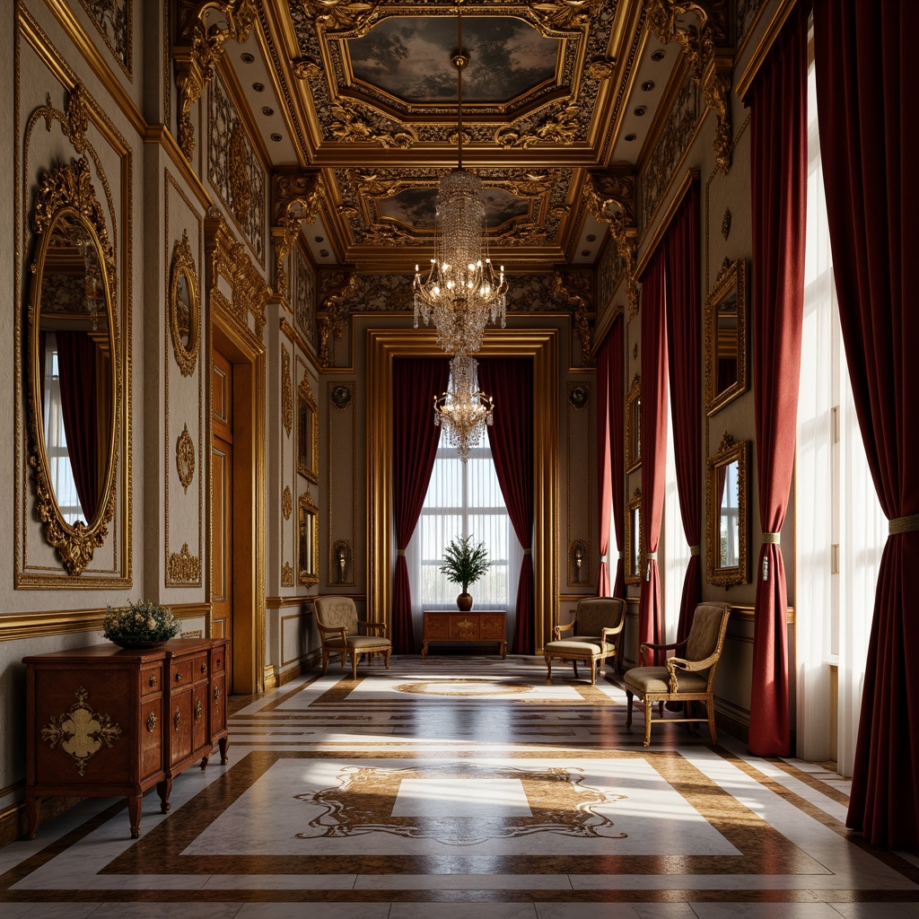 Prompt: Ornate palaces, grandiose architecture, intricately carved wooden doors, gilded ornaments, lavish furnishings, velvet drapes, ornamental mirrors, crystal chandeliers, marble floors, intricate mosaics, golden accents, dramatic lighting, soft focus, warm color palette, 1/2 composition, shallow depth of field, atmospheric perspective.