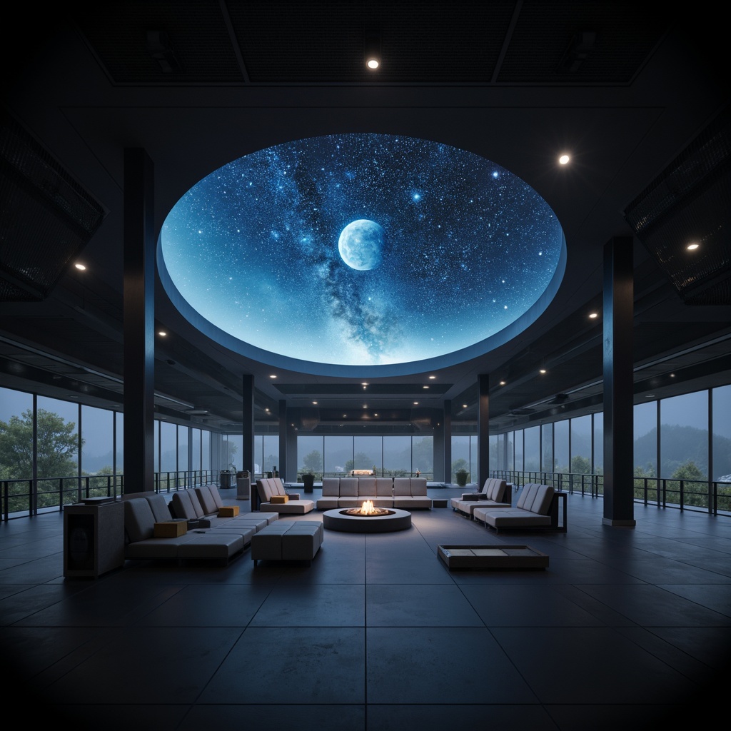 Prompt: Cosmic open space, dark grey floors, minimalist seating areas, futuristic planetarium dome, starry night sky projections, ambient soft lighting, sleek metal railings, simple geometric shapes, monochromatic color scheme, sparse decoration, subtle textures, 3/4 composition, shallow depth of field, realistic reflections, panoramic view, atmospheric mist, subtle animations.