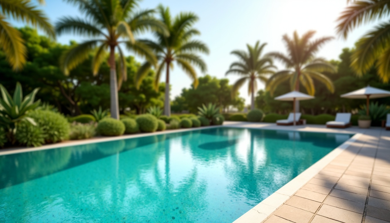 Prompt: Vibrant turquoise pool water, sleek modern coping, warm beige deck tiles, lush green surrounding landscape, tropical palm trees, sunny day, soft warm lighting, shallow depth of field, 1/1 composition, realistic textures, ambient occlusion, calming atmosphere, serene ambiance, refreshing oasis.