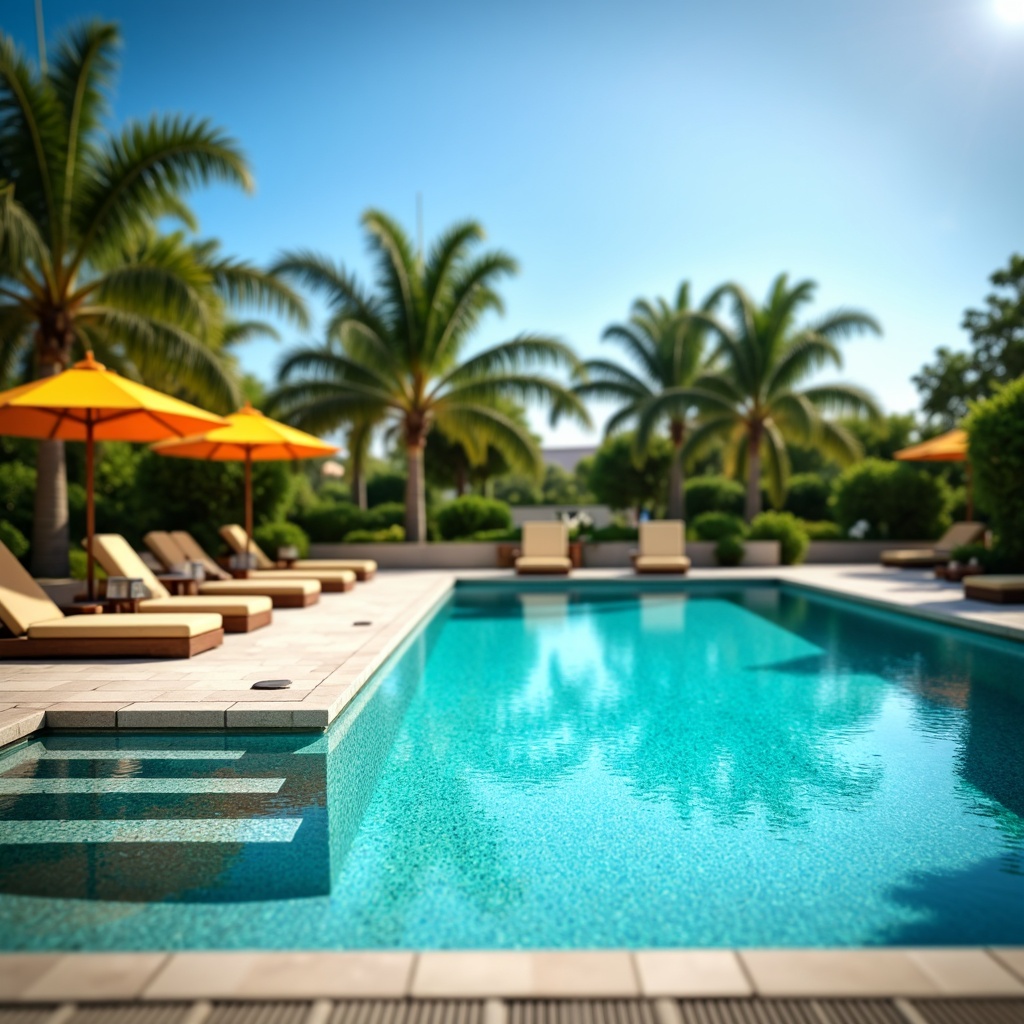 Prompt: Vibrant turquoise pool water, sleek modern pool design, glass tile accents, sunny day, clear blue sky, lush greenery surroundings, palm trees, warm beige deck chairs, colorful outdoor umbrellas, refreshing misting system, shallow depth of field, 1/1 composition, soft warm lighting, realistic water textures, ambient occlusion.