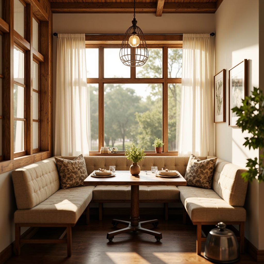 Prompt: Cozy breakfast nook, warm wood accents, soft plush cushions, rustic wooden table, vintage metal chairs, creamy white walls, warm beige flooring, natural light pouring in, large windows, sheer white curtains, gentle morning sunlight, warm golden lighting, pendant lamps, candlelight ambiance, intimate seating arrangement, 3/4 composition, shallow depth of field, soft focus effect.