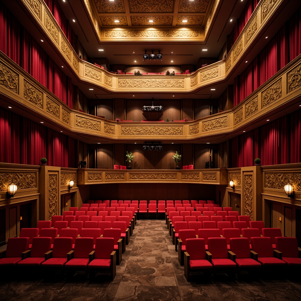 Prompt: Elegant theater interior, plush red velvet seats, ornate golden balconies, refined wooden accents, subtle ambient lighting, acoustic panels, sound-absorbing materials, optimized speaker placement, crystal-clear sound quality, precise echo reduction, intimate performance setting, dramatic spotlights, 3/4 composition, cinematic atmosphere, realistic textures, warm color palette.