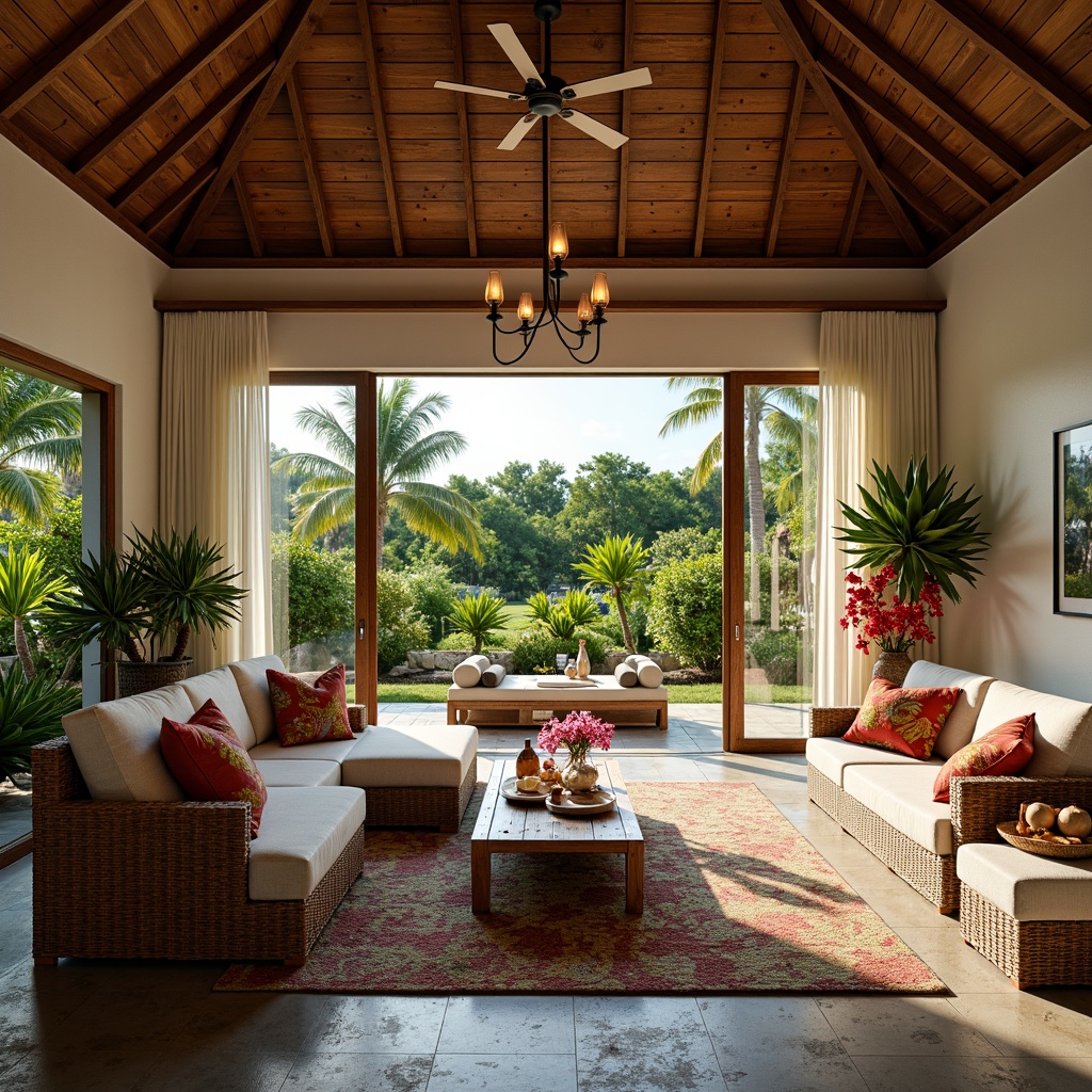 Prompt: Tropical villa, open layout living area, high ceilings, sliding glass doors, seamless indoor-outdoor transition, lush greenery, palm trees, vibrant floral arrangements, natural stone flooring, reclaimed wood accents, woven rattan furniture, plush sectional sofa, colorful throw pillows, airy curtains, soft warm lighting, shallow depth of field, 1/1 composition, panoramic view, realistic textures, ambient occlusion.