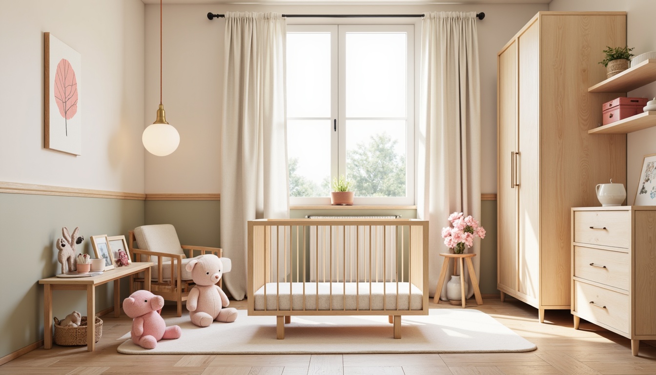 Prompt: Soft pastel colors, gentle nursery rhymes, plush toys, baby-proofed furniture, secure cribs, breathable mesh linens, non-toxic paint, rounded edges, anti-slip flooring, hidden outlets, cordless lamps, soft area rugs, calm ambiance, natural light, warm beige walls, wooden accents, minimalist decor, safety gates, outlet covers, corner protectors, window guards, smoke detectors, carbon monoxide detectors, emergency phone, first aid kit, gentle color scheme, cozy textiles, baby-friendly materials.