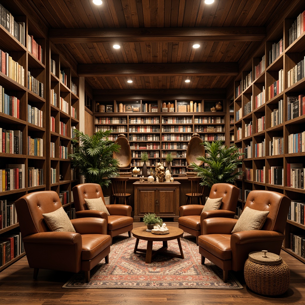 Prompt: Cozy bookstore atmosphere, rich wood shelves, vintage leather armchairs, plush area rugs, soft warm lighting, floor-to-ceiling bookcases, comfortable reading nooks, natural fiber textiles, woven baskets, earthy color palette, organic patterns, geometric shapes, subtle textures, 1/1 composition, shallow depth of field, realistic rendering.