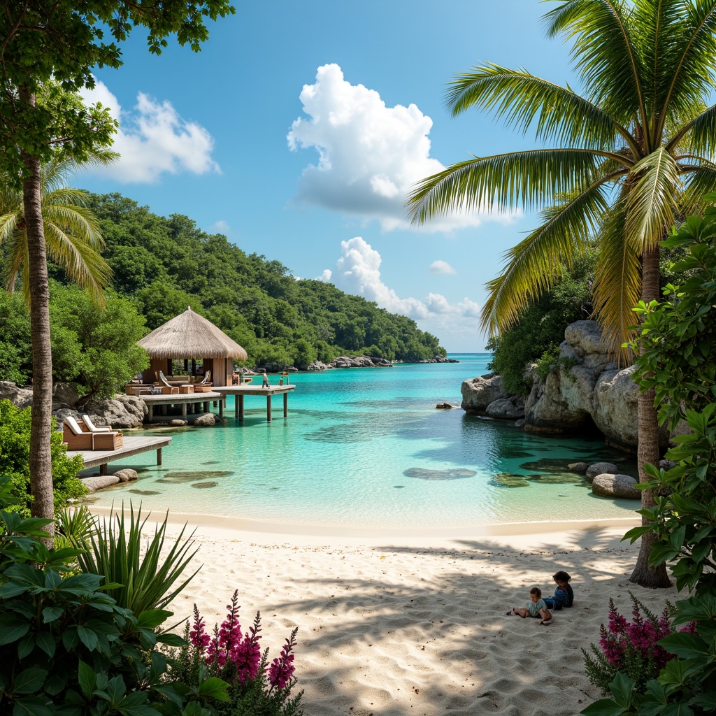 Prompt: Vibrant tropical island, lush green palm trees, exotic flowers, warm sandy beach, turquoise ocean water, colorful coral reefs, rustic wooden docks, thatched roof huts, bright sunny day, soft warm lighting, shallow depth of field, 3/4 composition, panoramic view, realistic textures, ambient occlusion, pastel color palette, minty fresh hues, creamy whites, rich wood tones, bold bright accents, natural fiber textures, woven rattan furniture, distressed wooden decorations.