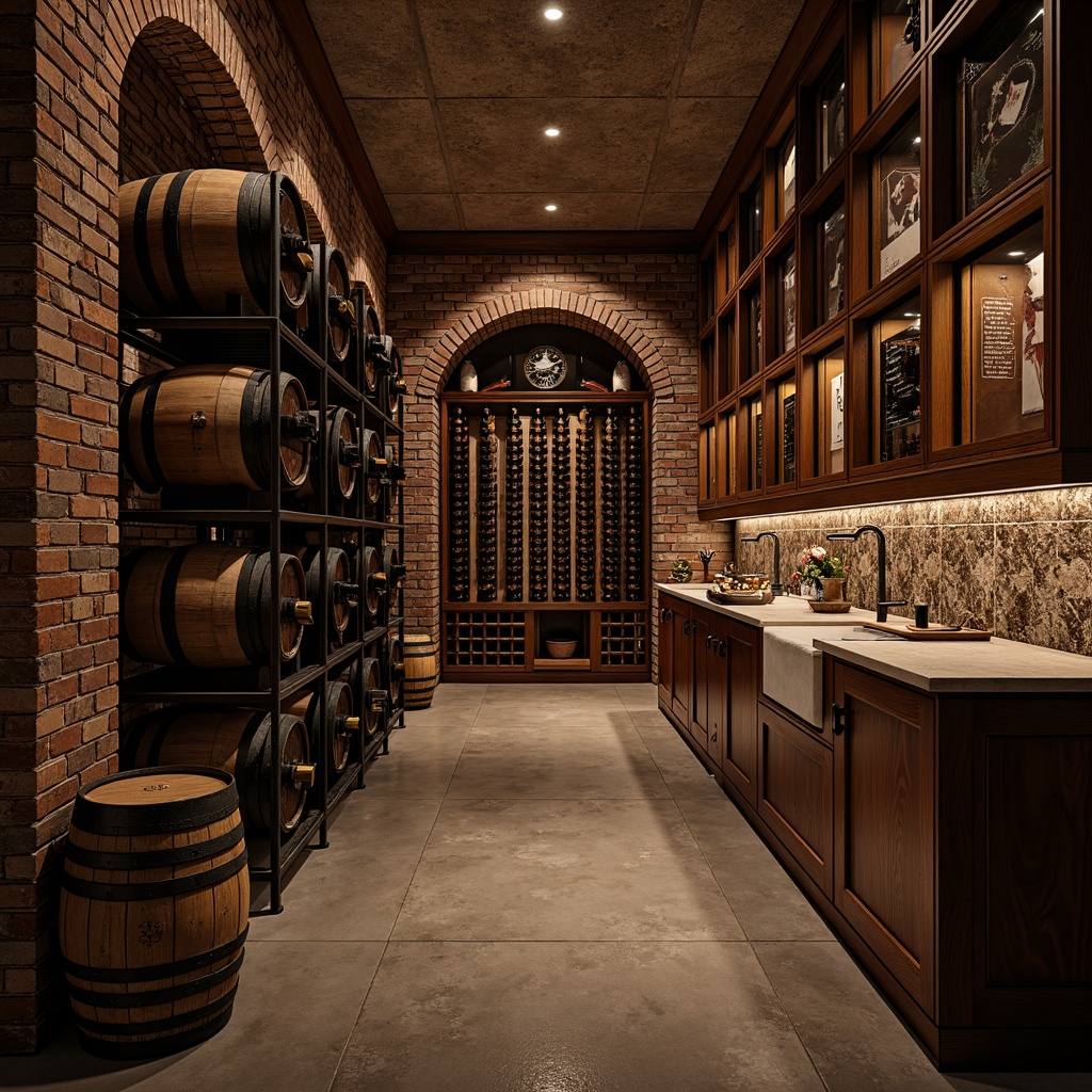 Prompt: Elegant wine cellar, rustic brick walls, dark wood storage racks, innovative shelving systems, ornate metalwork, ambient dim lighting, rich wooden accents, vintage wine barrels, sophisticated temperature control, humidity regulation, academic style decor, leather-bound tomes, wooden ladders, wrought iron railings, stone flooring, warm earthy tones, softbox lighting, 1/1 composition, realistic reflections.