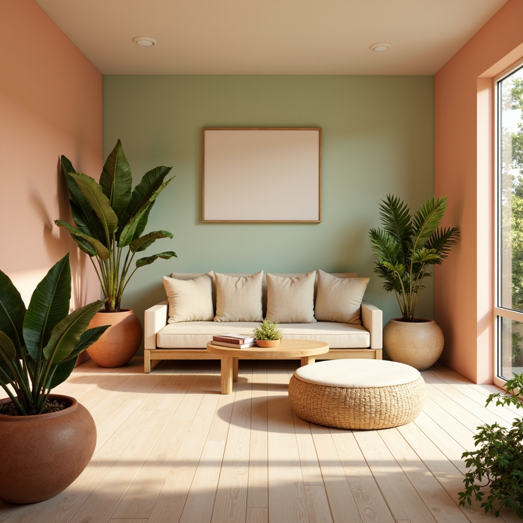 Prompt: Soft peach walls, calming mint accents, creamy beige furniture, natural wood textures, earthy terracotta planters, lush greenery, serene ambiance, warm golden lighting, shallow depth of field, 3/4 composition, panoramic view, realistic materials, ambient occlusion.