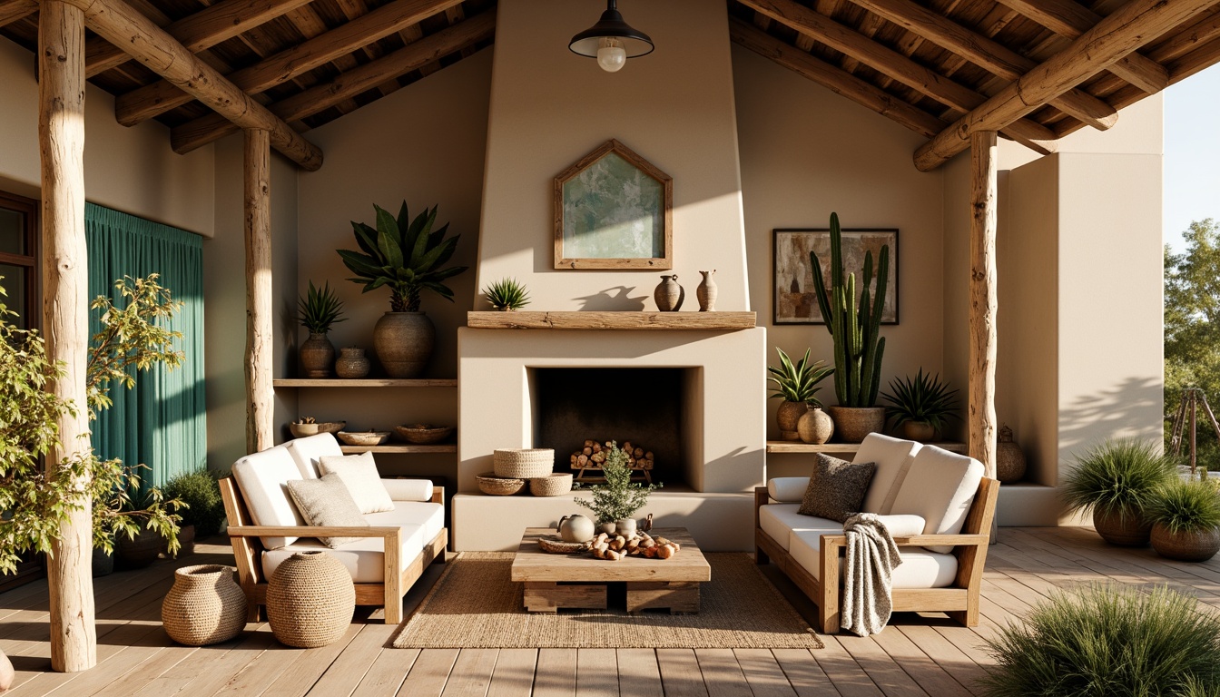 Prompt: Rustic wooden accents, Southwestern charm, earthy tones, natural textures, woven baskets, vibrant turquoise hues, sandy beige walls, distressed wood planks, cozy fireplace nooks, plush throw blankets, desert-inspired patterns, cactus silhouettes, warm golden lighting, shallow depth of field, 1/1 composition, realistic wood grain, ambient occlusion.