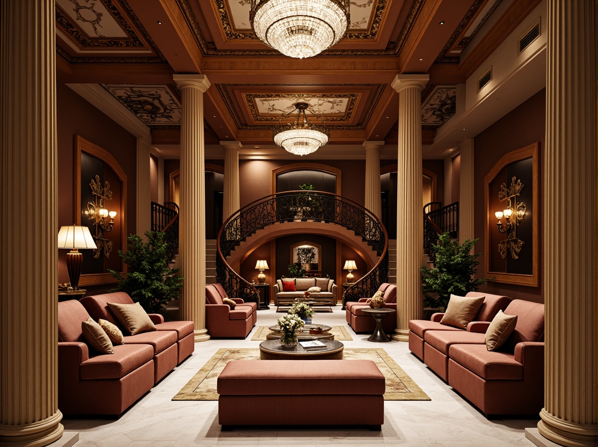 Prompt: Luxurious basement, neoclassical style, ornate moldings, elegant furnishings, rich wood tones, velvet upholstery, crystal chandeliers, marble floors, intricate carvings, gilded accents, soft warm lighting, subtle shading, 1/1 composition, symmetrical layout, realistic textures, ambient occlusion, classic column designs, curved staircases, stately furniture pieces, tufted ottomans, ornamental vases, refined color palette.