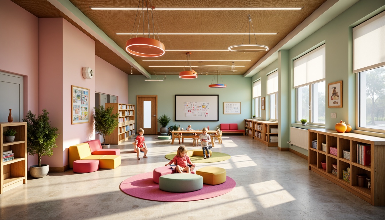 Prompt: Vibrant kindergarten interior, modern streamline spaces, suspended ceiling lights, circular pendant lamps, colorful LED strips, minimalist wall sconces, rounded corner shelves, wooden cubbies, playful area rugs, curved benches, educational display boards, interactive whiteboards, soft pastel colors, natural wood accents, warm cozy atmosphere, gentle diffused lighting, 1/2 composition, shallow depth of field, realistic textures.