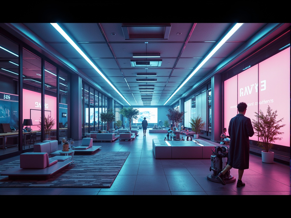 Prompt: Futuristic interior, neon-lit ambiance, glowing accents, holographic displays, LED strips, metallic finishes, reflective surfaces, minimalist decor, sleek lines, geometric patterns, ambient lighting, soft warm glow, high-tech gadgets, virtual reality interfaces, cyberpunk-inspired elements, iridescent colors, futuristic furniture, levitating objects, gravity-defying installations, immersive experiences, 3D projections, cinematic lighting, shallow depth of field, panoramic view, realistic textures, ambient occlusion.