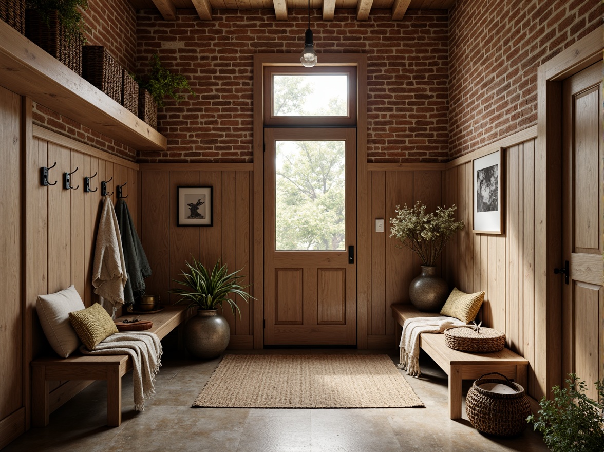 Prompt: Rustic mudroom, reclaimed wood walls, exposed brick accents, natural stone flooring, woven baskets, wooden benches, metal hooks, earthy color palette, warm ambient lighting, shallow depth of field, 1/1 composition, realistic textures, ambient occlusion, weathered wooden planks, vintage-inspired decorative items, nature-inspired artwork, cozy throw blankets, woven rugs, distressed finishes.