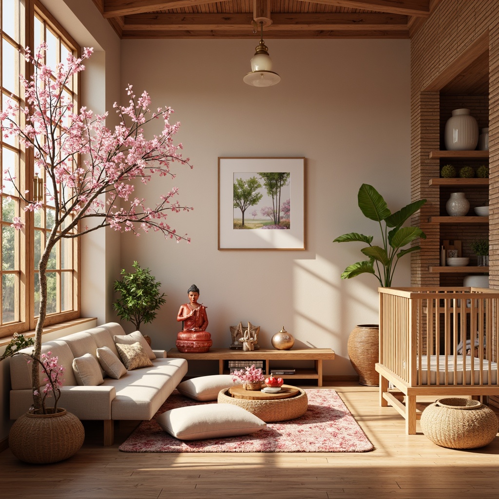 Prompt: Delicate cherry blossom branches, soft pink petals, gentle bamboo accents, woven rattan furniture, plush silk fabrics, vibrant red lanterns, intricate pagoda-inspired shelves, natural wood crib, serene Buddha statue, peaceful lotus flowers, warm beige walls, subtle golden trim, cozy floor cushions, whimsical paper lanterns, dainty wind chimes, tranquil nature-inspired artwork, shallow depth of field, 1/1 composition, soft warm lighting, realistic textures.