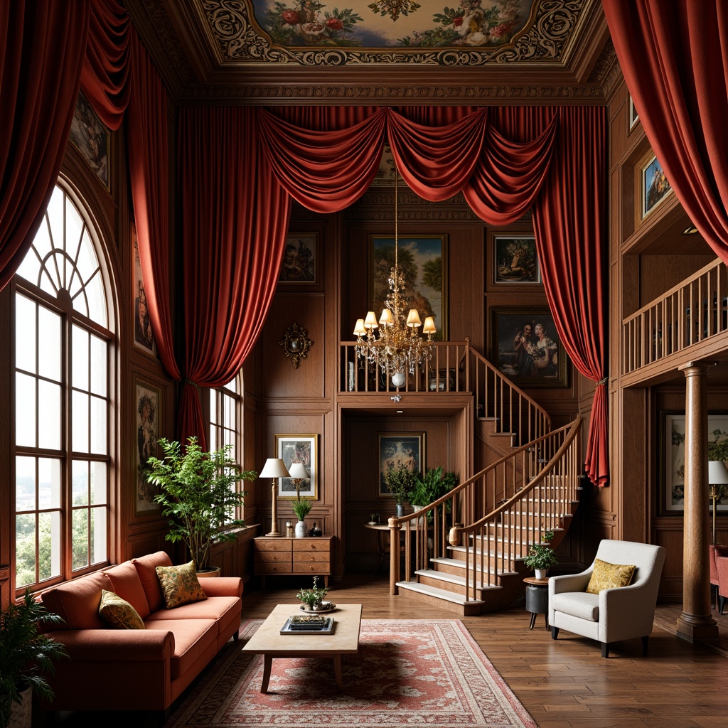 Prompt: Luxurious velvet drapes, intricately carved wooden panels, flowing organic shapes, sinuous lines, elegant curves, ornate metalwork, grand chandeliers, lavish furnishings, rich jewel-toned colors, opulent textiles, subtle gradient effects, warm golden lighting, high-contrast shading, dramatic archways, sweeping staircases, ornate mirrors, elaborate frescoes, delicate ceramics, whimsical patterns, botanical motifs, exquisite craftsmanship, vintage artifacts, nostalgic ambiance.