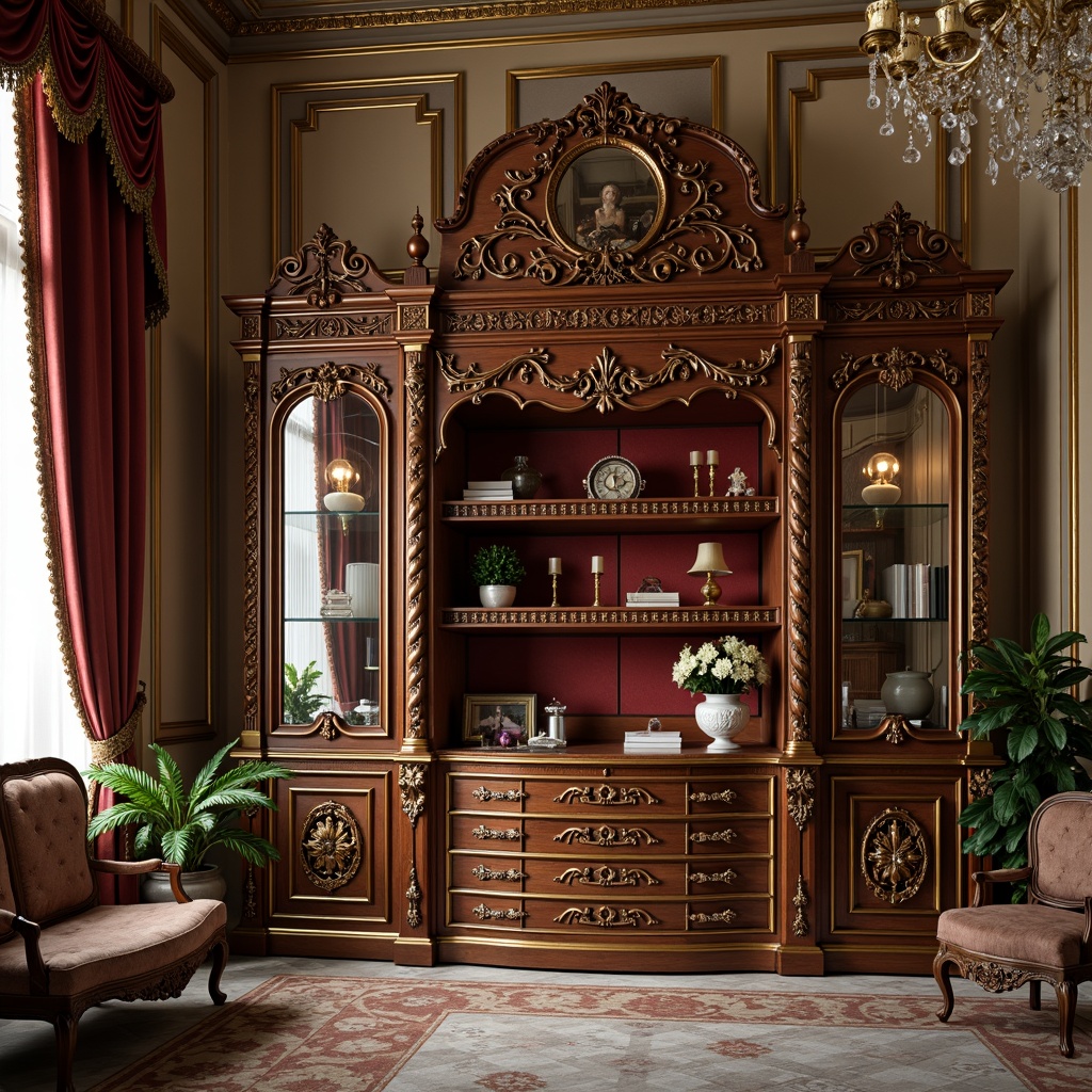 Prompt: Ornate Rococo cabinet, intricately carved wooden panels, gilded accents, velvet upholstery, luxurious drapery, crystal chandeliers, lavish furnishings, richly polished marble floors, ornamental mirrors, golden filigree details, spacious storage compartments, hidden drawers, secret shelves, antique hardware, soft warm lighting, shallow depth of field, 1/1 composition, realistic textures, ambient occlusion.