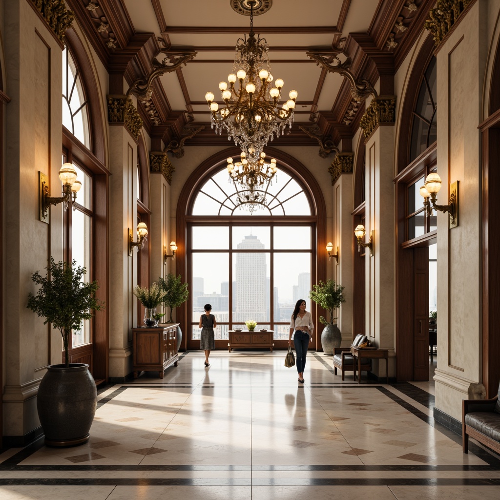 Prompt: Elegant chandeliers, ornate sconces, crystal pendants, polished bronze fixtures, creamy white marble, rich wood paneling, stately columns, intricately carved moldings, lavish drapery, velvet upholstery, gilded accents, soft warm glow, diffused lighting, 1/2 composition, atmospheric ambiance, realistic reflections, subtle shadows.