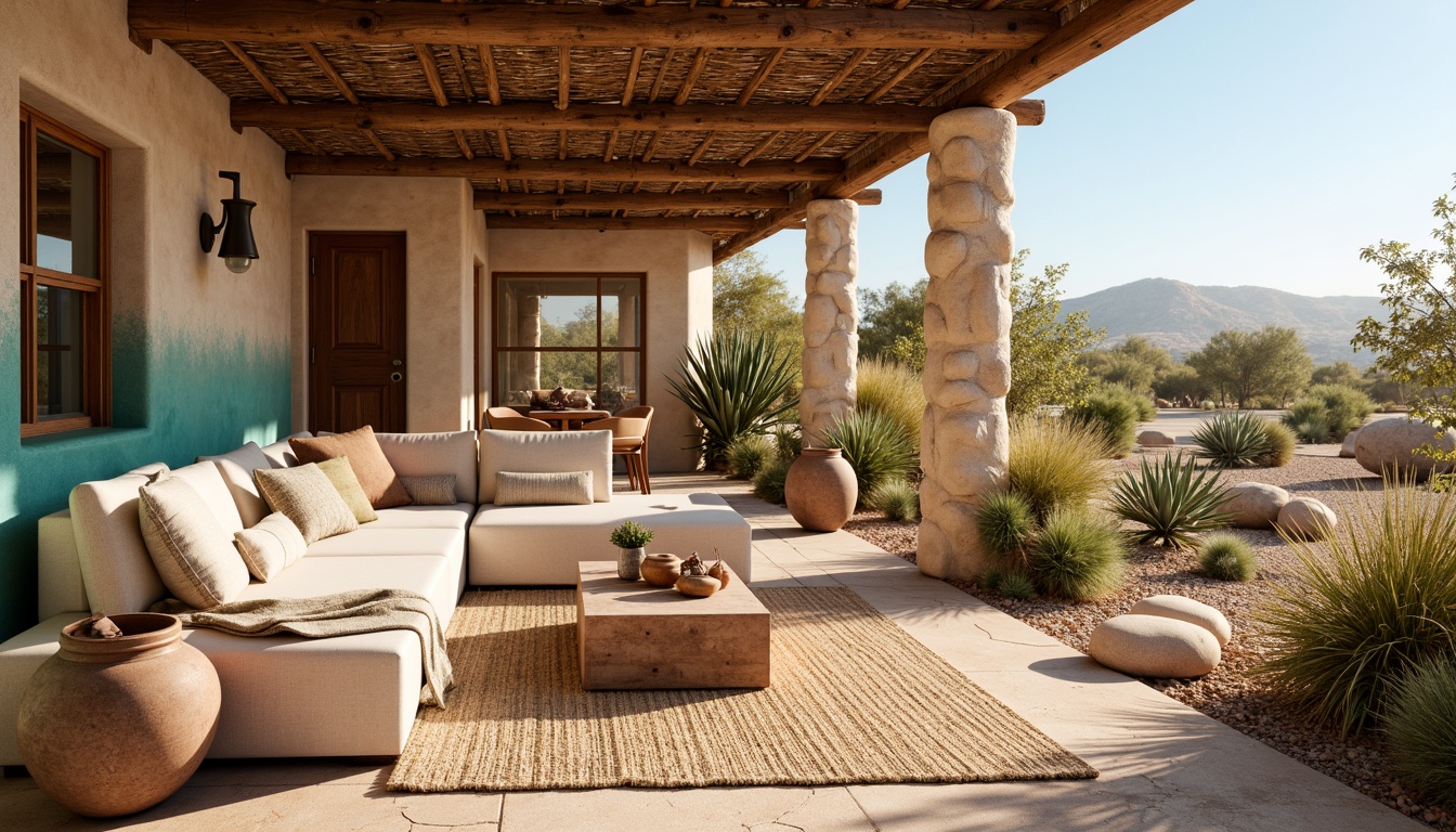 Prompt: Warm earthy tones, natural stone walls, adobe-inspired architecture, rustic wooden accents, woven textiles, vibrant turquoise hues, desert botanicals, cacti, sandy dunes, warm sunny day, soft warm lighting, shallow depth of field, 3/4 composition, panoramic view, realistic textures, ambient occlusion, Southwestern-style furniture, plush throw blankets, vintage decorative items, earthy ceramic vases, natural fiber rugs, woven baskets, geometric patterned fabrics.