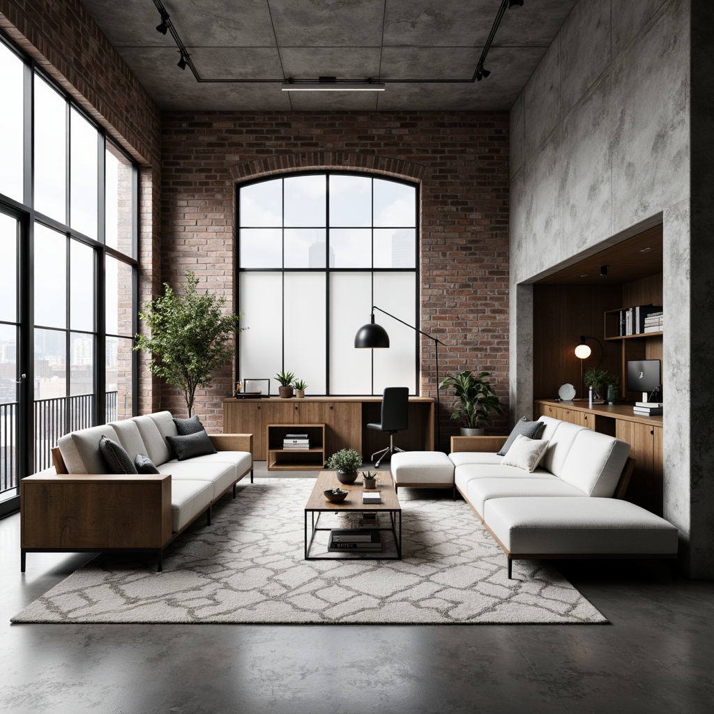 Prompt: Minimalist living room, industrial-chic furniture, clean-lined sofas, low-profile coffee tables, geometric-patterned rugs, functional lighting fixtures, steel-framed chairs, adjustable desk lamps, open shelving units, monochromatic color schemes, exposed brick walls, polished concrete floors, urban loft ambiance, natural light pouring in, high ceilings, airy atmosphere, 1/1 composition, softbox lighting, realistic textures.