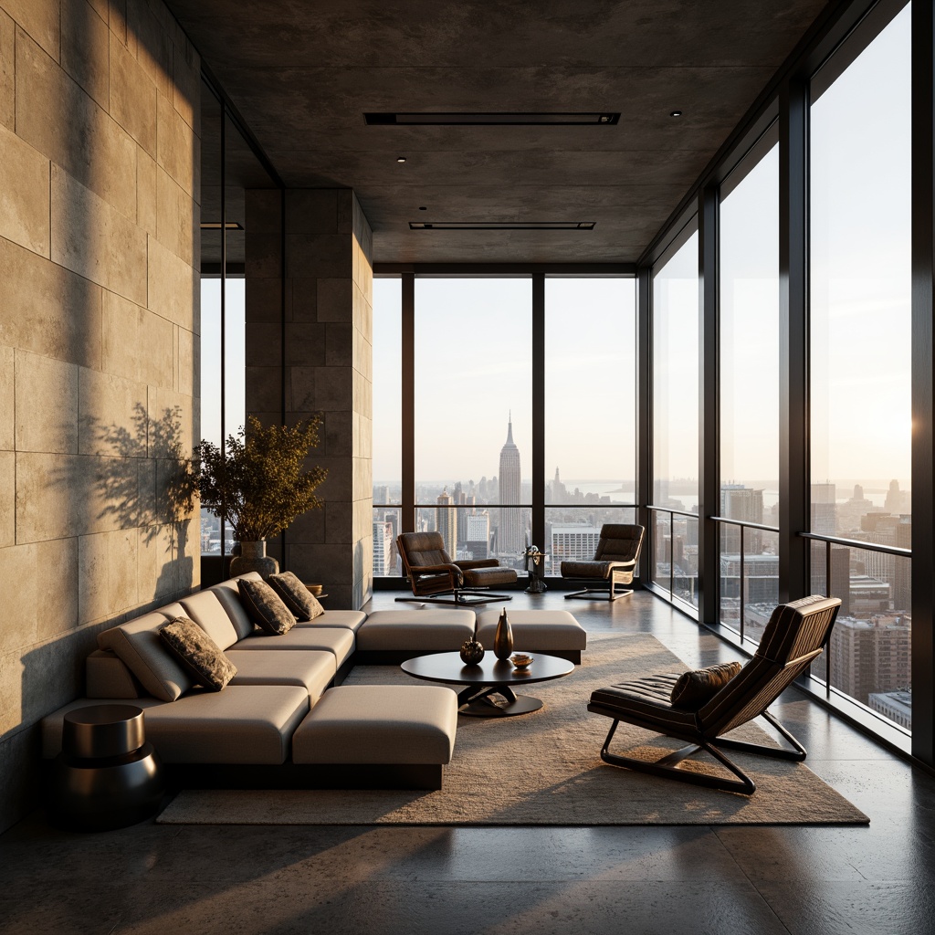 Prompt: Luxurious penthouse, sleek modern architecture, textured walls, industrial chic, exposed concrete, metallic accents, minimalist decor, floor-to-ceiling windows, breathtaking cityscape views, soft warm lighting, shallow depth of field, 3/4 composition, realistic textures, ambient occlusion.