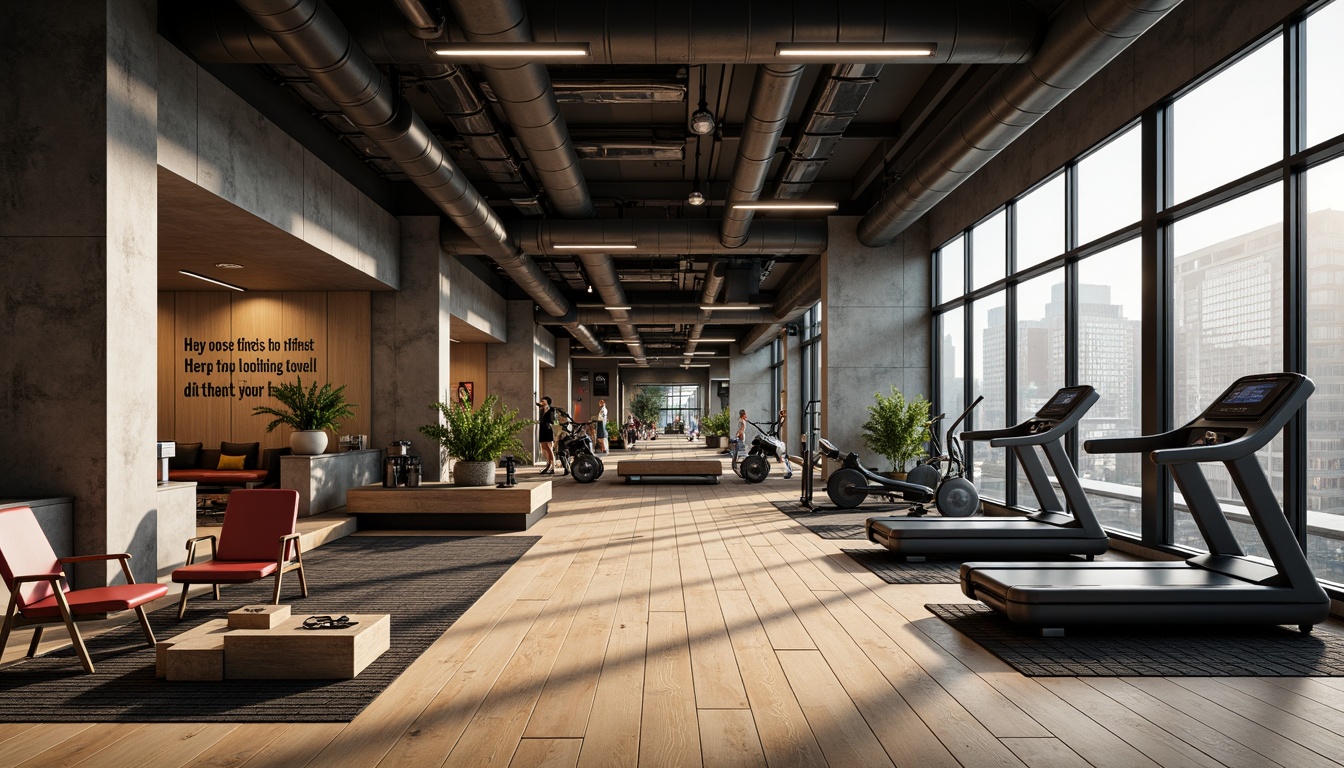 Prompt: Modern fitness club interior, high-contrast textures, rough concrete walls, polished wooden floors, metallic equipment frames, soft cushioned seats, natural stone accents, sleek glass partitions, industrial-style lighting fixtures, bold color schemes, motivational quotes, futuristic exercise machines, mirrored walls, rubber flooring, athletic tracks, urban cityscape views, early morning light, dramatic shadows, 1/1 composition, realistic reflections, ambient occlusion.