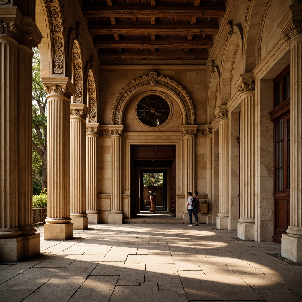 Prompt: Ornate columns, intricately carved capitals, fluted shafts, ancient stone materials, rustic textures, warm earthy tones, classic symmetrical design, grandiose entranceways, majestic arches, ornamental carvings, subtle shadows, warm natural lighting, high-contrast photography, dramatic depth of field, 1/2 composition, realistic renderings, ambient occlusion.