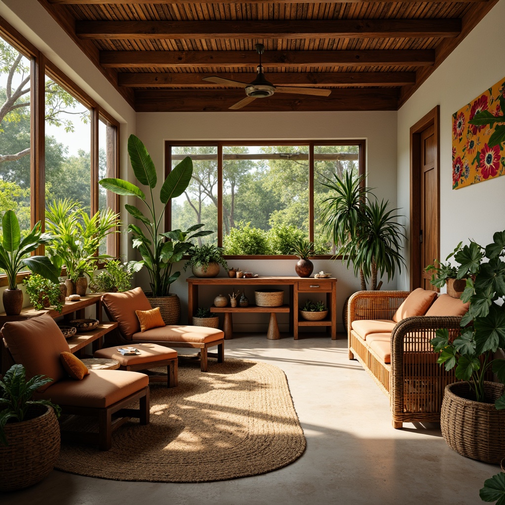 Prompt: Tropical craft room, woven rattan furniture, natural jute rugs, reclaimed wood accents, earthy terracotta pots, vibrant greenery, exotic floral patterns, colorful woven textiles, warm wooden workbenches, rustic metal tools, soft warm lighting, shallow depth of field, 1/1 composition, realistic textures, ambient occlusion.