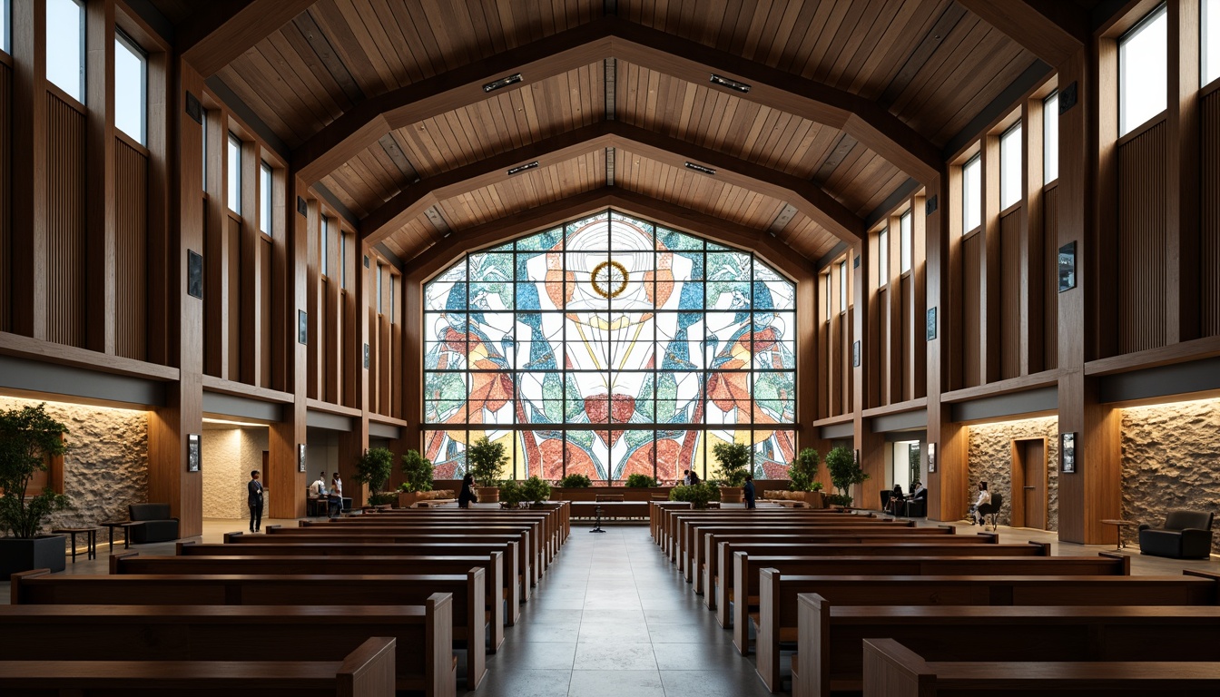 Prompt: Modern church interior, abstract stained glass windows, ornate wooden accents, sleek metal fixtures, minimalist pews, geometric patterns, neutral color palette, ambient lighting, shallow depth of field, 1/2 composition, realistic textures, subtle reflections, stylish wall treatments, textured stone walls, reclaimed wood panels, industrial chic aesthetic, urban modern vibe, soft warm glow, contemplative atmosphere.