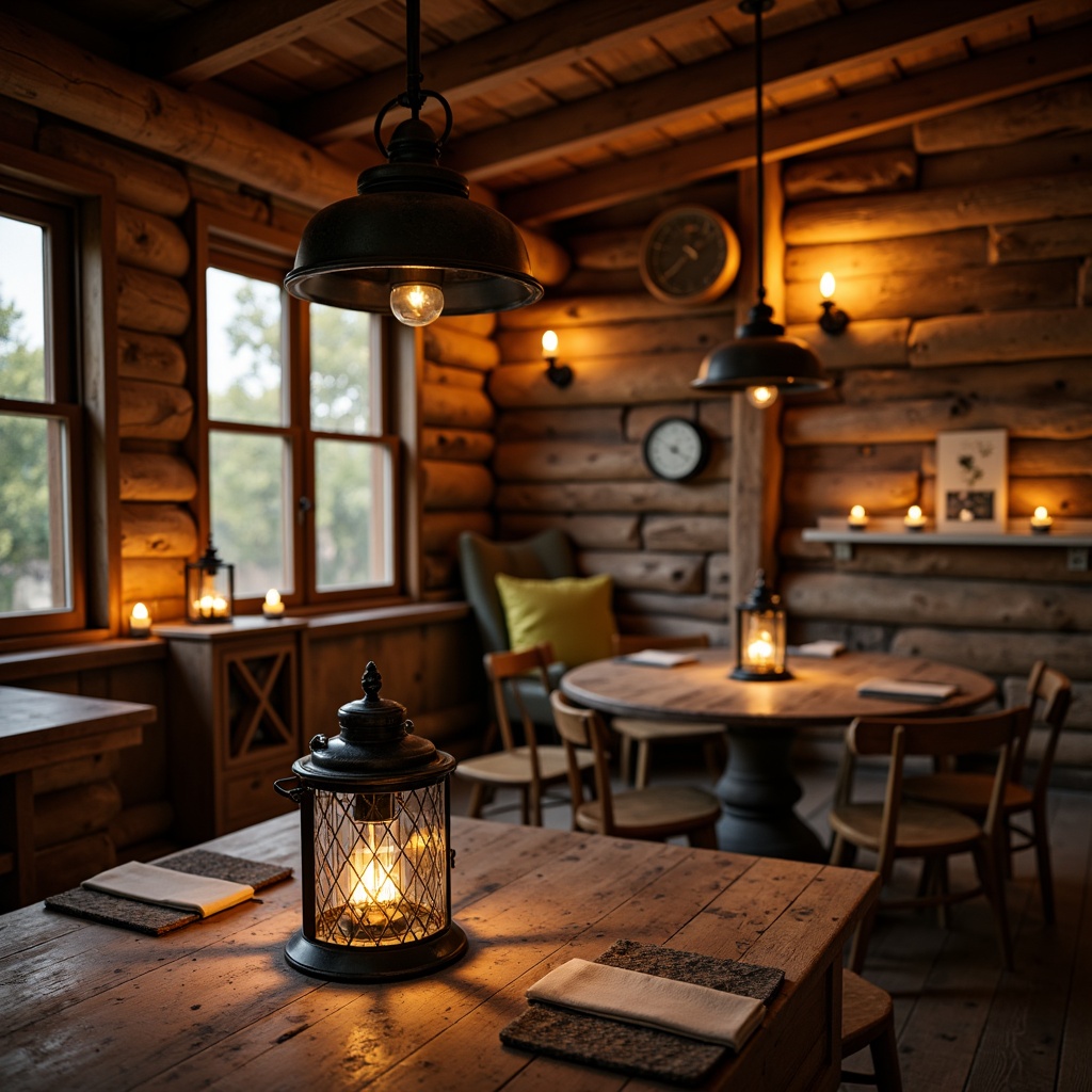 Prompt: Rustic wooden beams, vintage metal lanterns, distressed wood accents, warm golden lighting, candles, pendant lights, wrought iron chandeliers, Edison bulbs, industrial metal shades, reclaimed wood walls, natural stone floors, earthy color palette, cozy cabin atmosphere, autumn afternoon, soft warm glow, shallow depth of field, 1/1 composition, realistic textures, ambient occlusion.